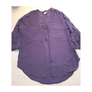 A.N.A Blouse Top Women's Size PXL Lace Up Criss-Cross Neck Flap Pockets (R)